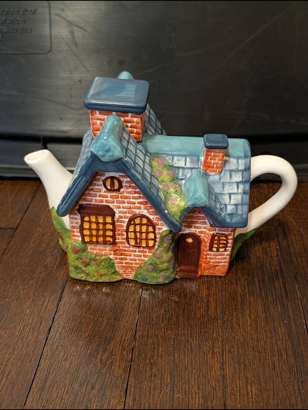 Thomas Kinkade Hand-Painted Cottage Teapot - Blue Roof, Brick Exterior